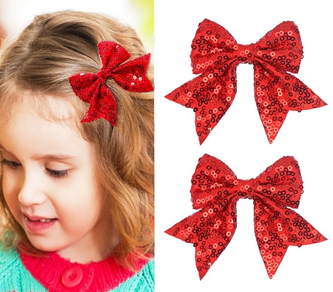3-inch Sequined Bow Hair Clips For Baby Girls, Toddler, Kids and Young Women Birthday Party Wedding Christmas Occasions Pet Accessories Set of 2 (Red)