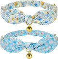 Bunny Ear Bowtie Cat Collar with Bell 2 Pack Cotton Breakaway Kitten Collars with Removeable Bow Stylish Cat Collars(Floral Blue)