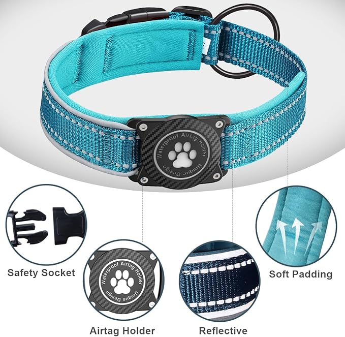 Airtag Dog Collar with Waterproof Air Tag Holder, Luminous Reflective, Soft Padded, Adjustable Nylon Pet Collar for Small Medium Large Heavy Duty Dogs,Blue, XL