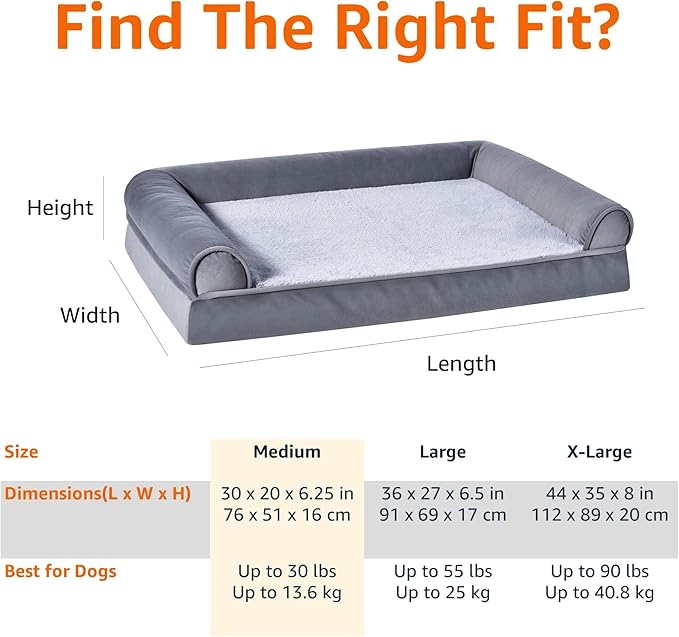 Amazon Basics Living Room Couch Dog Bed with Premium Foam, Non-Slip Bottom, Removable Washable Cover, Supportive Pressure-Relief for Dogs up to 30lbs, Medium (30" x 20"), Grey