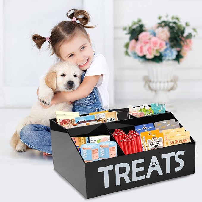 Dog Treat Organizer,4 Compartments Dog Treat Station, Trapezoid Dog Treat Container for Countertop, Cat Treat Storage Bin, Ideal for Dog Cat Bagged Snack or Can Food-Black