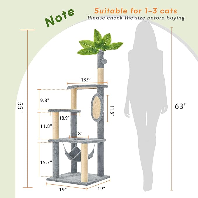 Cat Tree for Indoor Cats, 55 Inch Cat Tower with Rotating Scratching Board, 4 Sisal Posts & Leaf Top Design, Modern Cat Furniture for Multiple Cats (No House), Grey
