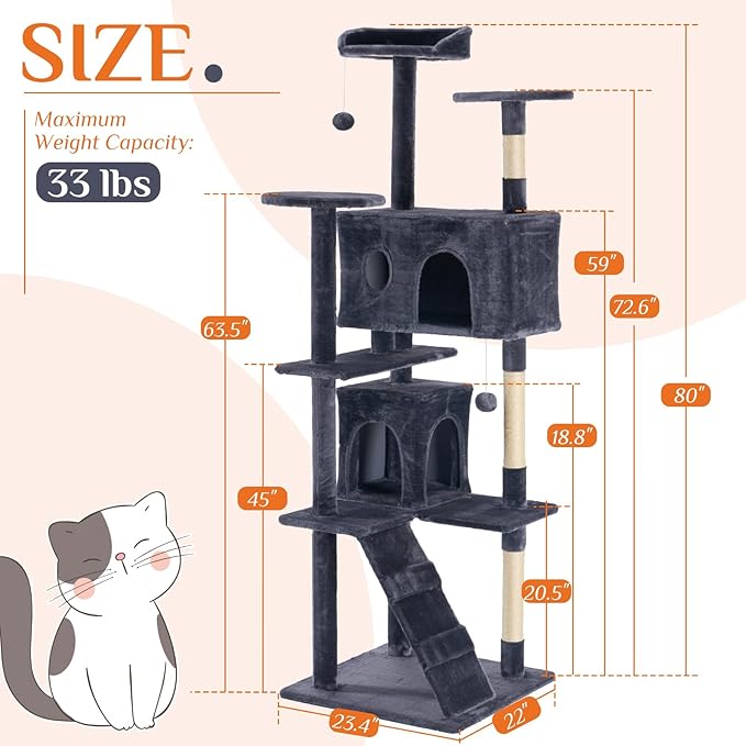 DUMOS 80-inch Indoor Cat Tree Tower –Multi-Level Pet House for Large Cats with 2 Condos, Scratching Posts, Round Platform, Small Ladder, and Toys, Grey