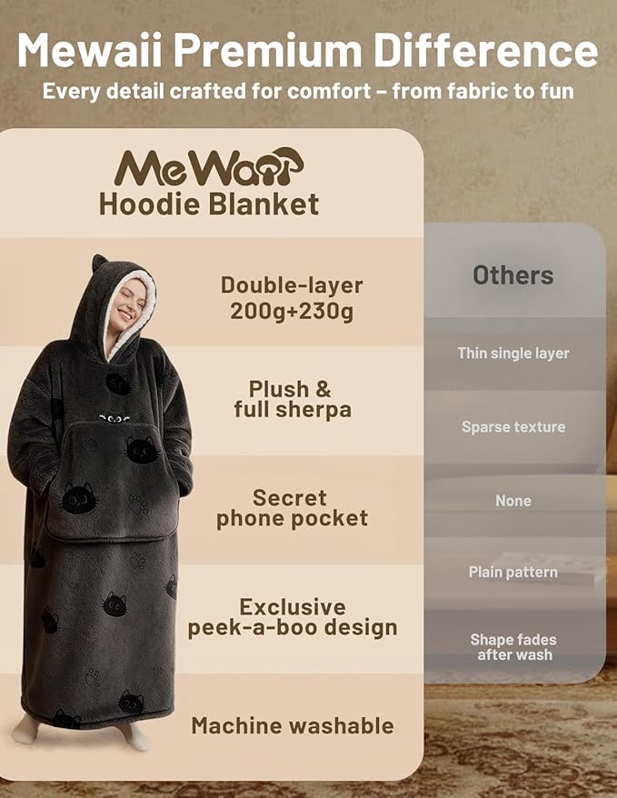 Mewaii Wearable Blanket Hoodie for Adults, Warm Sherpa & Soft Flannel Long Sweatshirt with Giant Pocket, Cozy Gifts for Women