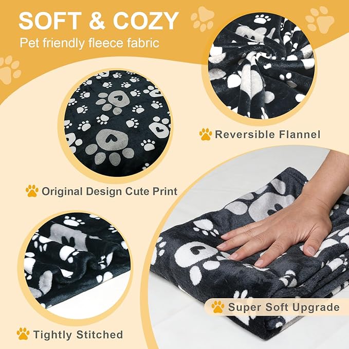 Dog Blanket, Soft Fleece Dog Blankets for Small Medium Dogs, Fluffy Flannel Pet Cat Puppy Blanket Mat Cover for Bed Couch, Cute Paw Print Throw Blanket for Dogs, Black, 40"X30"