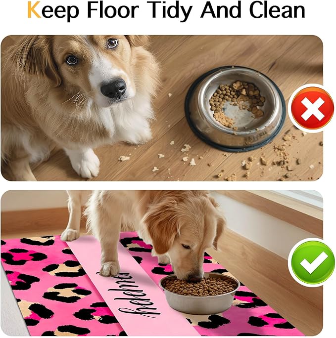Puppy Feeding Mat 20x12 inch Pink Leopard Print Dog Bowl Placemat Non Slip Mat for Pet Food and Water Small Dog Feeding Area Indoor Puppy Feedings Station Pet Meal Mats for Kitchen