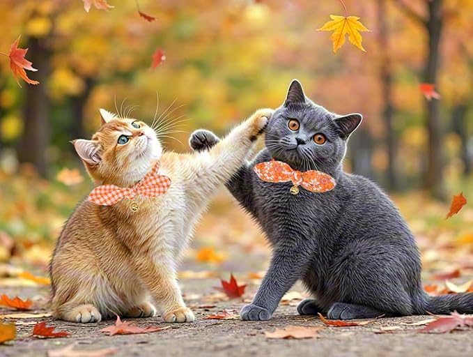 Bowtie Cat Collar with Bell 2 Pack Cotton Breakaway Kitten Collars with Removeable Bunny Ear Stylish Cat Collars(Floral Orange & Plaid)