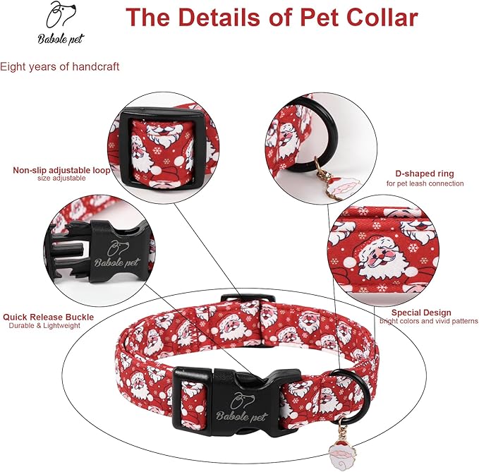 Christmas Dog Collar - Cute Red Santa Christmas Puppy Collar with Safety Buckle, Soft Adjustable Holiday Dog Collars for Small Medium Large Dogs L