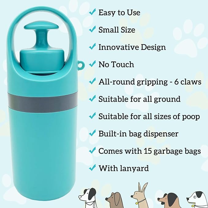 Fhiny Portable Dog Poop Scooper, No-Touch Handheld Doggy Poop Scooper Sanitary Puppy Waste Picker with Bag Dispenser Convenient Lightweight Six Claws Poop Waste Cleaner for Dog Great for Walks Travel