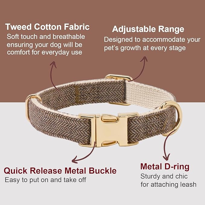 Soft Cotton Hemp Dog Collar with Metal Buckle Adjustable Tweed Dog Collars for Small Medium Large Dogs(Coffee,Large)