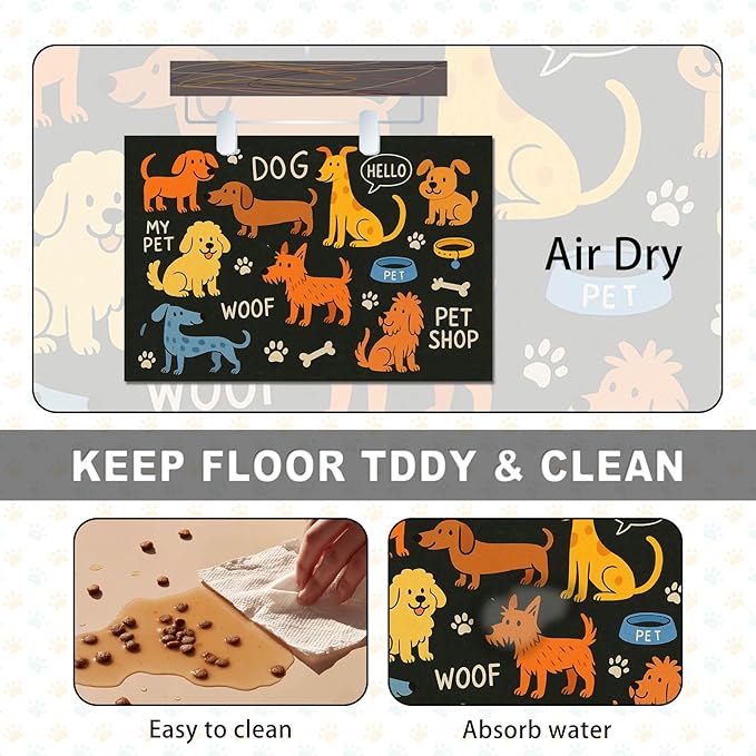 Cute Happy Dog Food Mat for Cat Food Mat Food and Water Bowl Pet Feeding Bowl Mats for Pet Feeding Areas Easy Clean Fast Dry Small Cats and Dogs Feedings Mats 24" x 16"