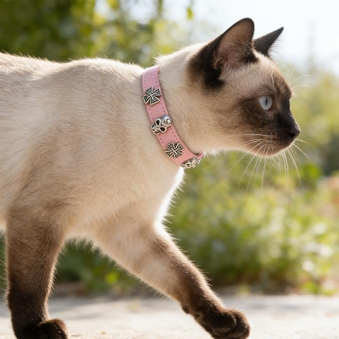 EXPAWLORER Cat Collar for Girl Boy Cats- Adjustable Leather Pet Collar with Safety Elastic Belt,Personalized Punk Accessories Buckle Collars with Bell & Durable D-Ring,Skull（Pink）