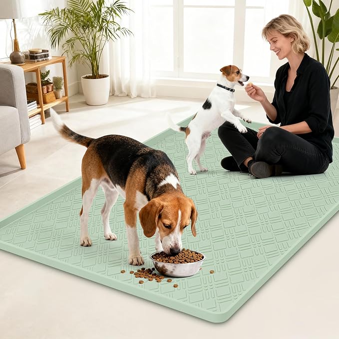 Lanstics Dog Food Mat, 42" x29" Large Silicone Mat Dog Feeding Mat with Raised Edge Non-Slip Pet Feeding Mat for Food and Water Bowl, Easy to Clean, Floor Protection (Light Green)