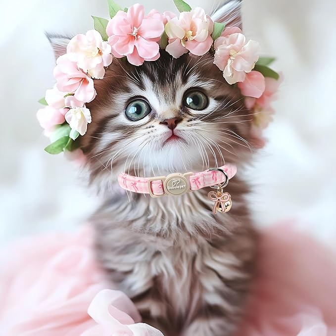 2 Pack Pink Cat Collars - Spring Summer Breakaway Cat Collar with Bell, Bow and Flower Pendant, Adjustable Kitten Collars for Girl Cats, Cute Pink Plaid &Bow