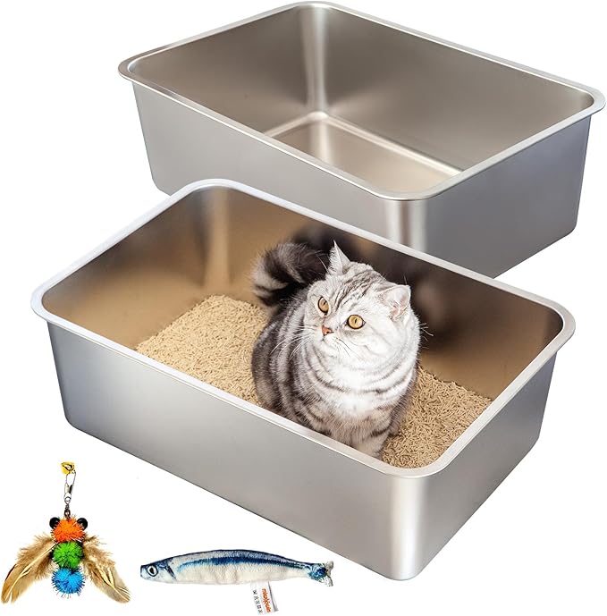 2-Pack XXL Stainless Steel Cat Litter Boxes, Includes Catnip Fish Toy & Wand Feather Toy Refill, Extra-Large Metal Litter Pans for Large Cats & Multi-Cat Homes, Pet Toilet Supplies for Kitten