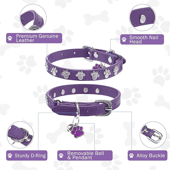 SCENEREAL Cat Collar with Bells, Leather Cat Collars with Paw Studded, Adjustable Pet Collars for Boy Girl Cats,Soft Cute Cat Collar for Kitty Puppy Small Big Cats, Purple