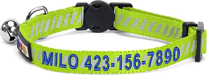 Pawtitas Personalized Green Reflective Cat Collar – Adjustable Custom Collar with Safety Buckle, Removable Bell, and Engraved Name & Phone Number for Kittens and Adult Cats