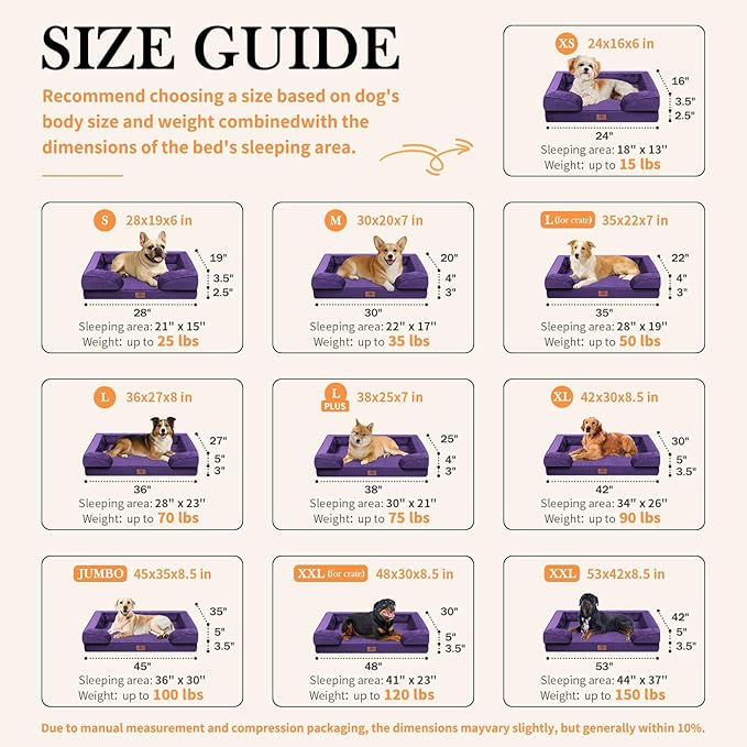Comfort Expression Orthopedic Dog Bed for Extra Large Dogs 42x30 Inch, Waterproof Egg Crate Foam XL Pet Bed with Removable Bolsters, Dog Couch with Washable Cover & Non-Slip Bottom, Deep Purple