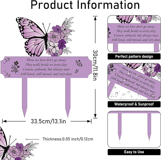 Grave Decorations for Cemetery Memorial, Metal Memorial Garden Stakes for Loss of Mother Father Loved Ones, Purple Plaques Markers for Cemetery Humans Outdoor Yard