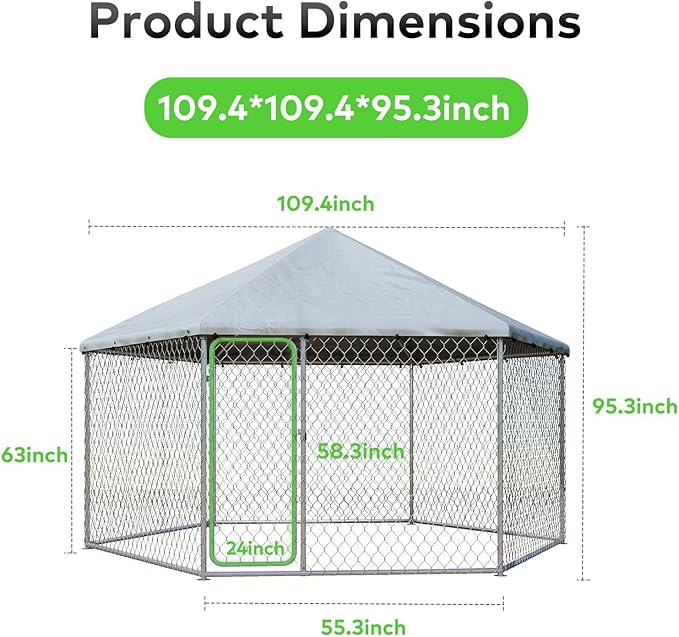 9.1x9.1 FT Outdoor Dog Kennel Heavy Duty Dog Enclosure with Waterproof Cover and Security Lock, Galvanized Wire Mesh Hexagonal Large Dog Kennel(109.4x109.4x95.3IN)
