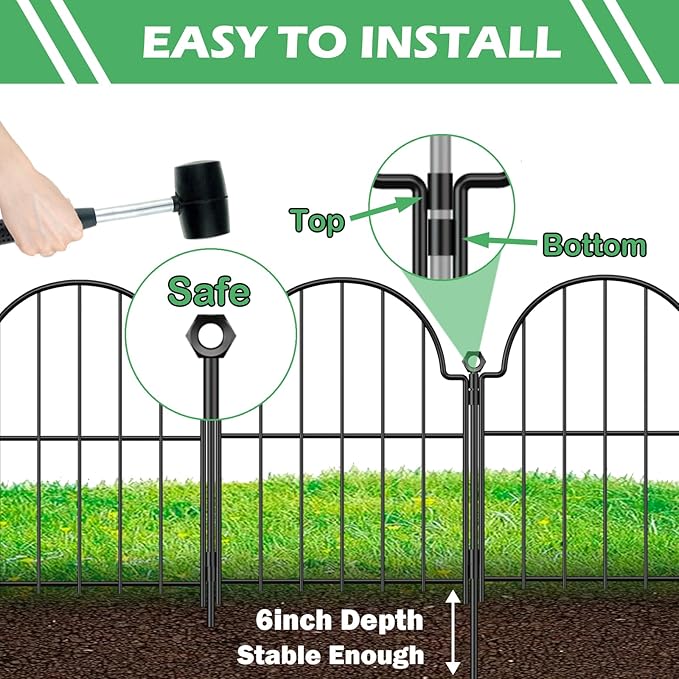 Garden Fence, 22 in(H) x 10.83 ft(L) Arched Rustproof Metal No Dig Fence Garden Fence Border, Ground Stake Animal Barrier Fence for Rabbit Dog, Outdoor Decor for Yard & Patio