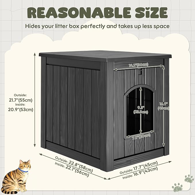 Litter Box Enclosure, Waterproof & Weatherproof Plastic Cat House for Indoor Outdoor Use, Multi-Functional Hidden Litter Box Furniture for Living Room, Backyard, Patio, Garage (Black)