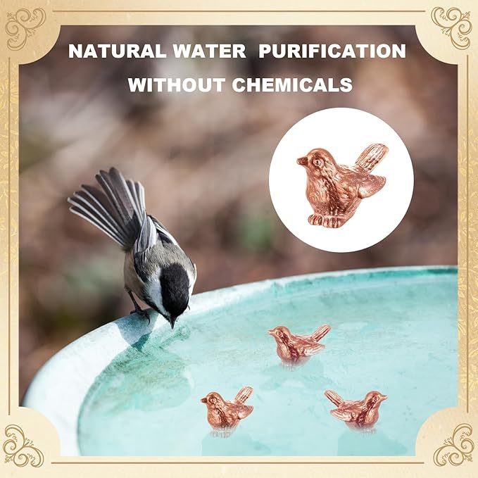 Moxweyeni 4 Pcs Mini Bird Shape Copper Bath Disk Ornaments Copper Bird Bath Purification Disks Birdbath Cleaner Single 0.6 oz Weight Universal Fit for Outdoor Birdbaths, Bowl