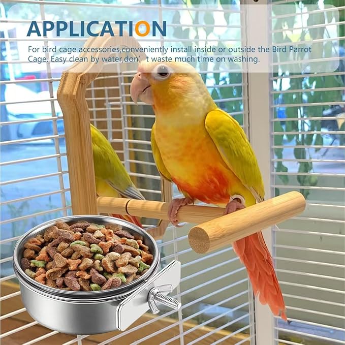 2Pcs Stainless Steel Bird Feeding Bowls, Small Bird Feeding Cup, Stainless Steel Parrot Food Bowl Cage with Holder, Parrot Cage Water Feeder, Pet Cage Cup Holder (Dia 3.93", 5.51",)