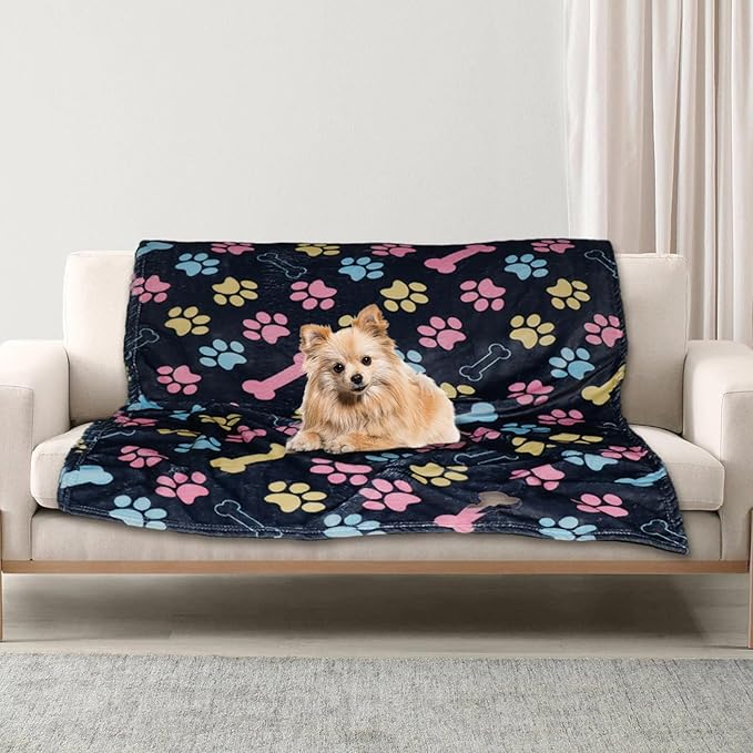 Dog Blankets for Large Dogs, 80"x60" Blanket Washable, Fuzzy Soft Pet Mat Throw Cover for Kennel Crate Bed, Cute Paw Pattern, Cat Blanket, Gifts Medium Small Pet Essentials, Navy Blue