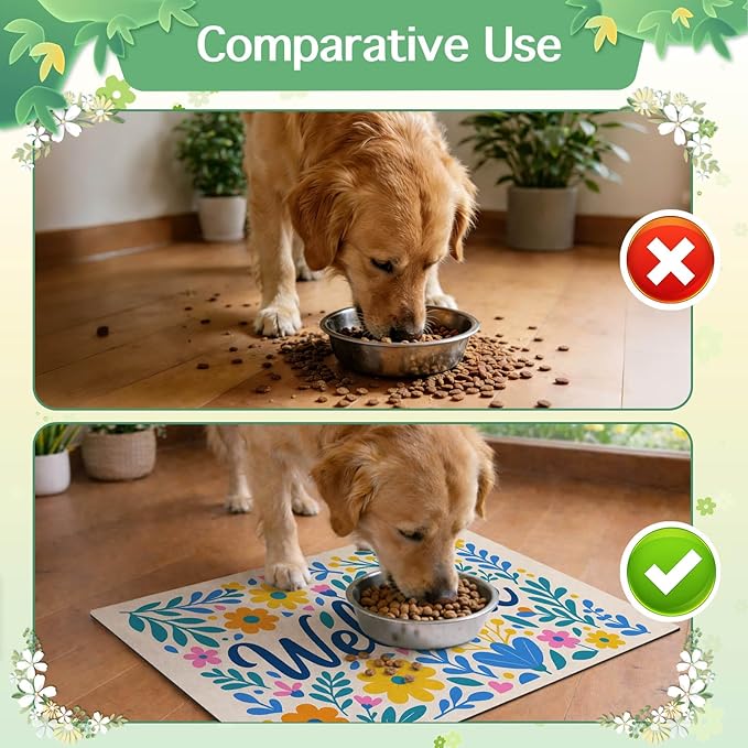 Spring Pet Feeding Mat 24" x 16" Colorful Welcome Floral Design Non Slip Dog and Cat Bowl Mat Easy Clean Pet Food Mats Fast Dry Cat Feeding Mats for Indoor Cats Absorbable Pet Food Pad