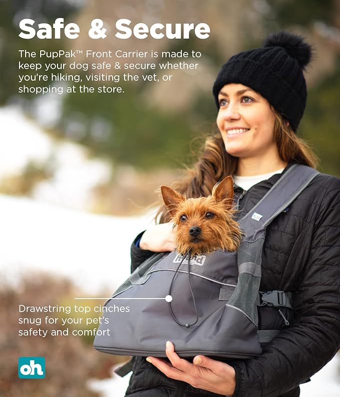 Outward Hound PupPak Dog Front Carrier, Medium, Grey – Hands-Free Hiking & Camping Pet Backpack for Small Pets up to 20 lbs, Padded Straps, Breathable Mesh, Water-Resistant, Safety Clip