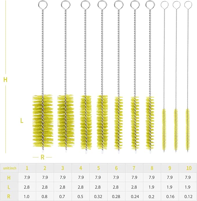 CiaraQ Bottle Cleaning Brushes, 8 Inch Nylon Tube Brush Set, Cleaner for Narrow Neck Bottles Cups with Hook, Set of 10pcs.
