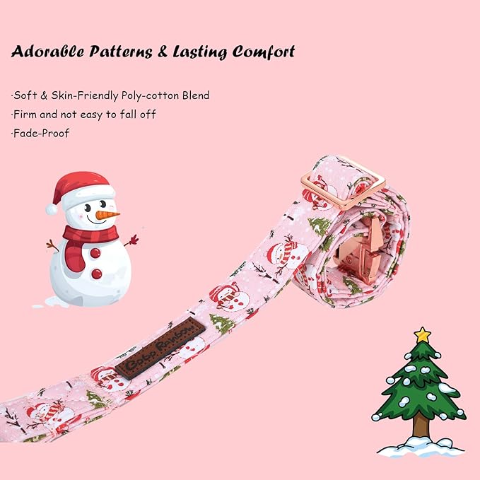 Christmas Dog Collar, Christmas Tree and Snowman Print Cute Winter Holiday Collars Cotton Adjustable Comfortable Pink Dog Collar with Bow,Stylish Collars for X-Small Girl Dogs