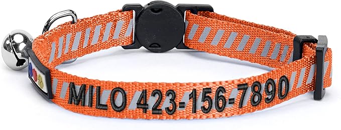 Pawtitas Personalized Orange Reflective Cat Collar – Adjustable Custom Collar with Safety Buckle, Removable Bell, and Engraved Name & Phone Number for Kittens and Adult Cats