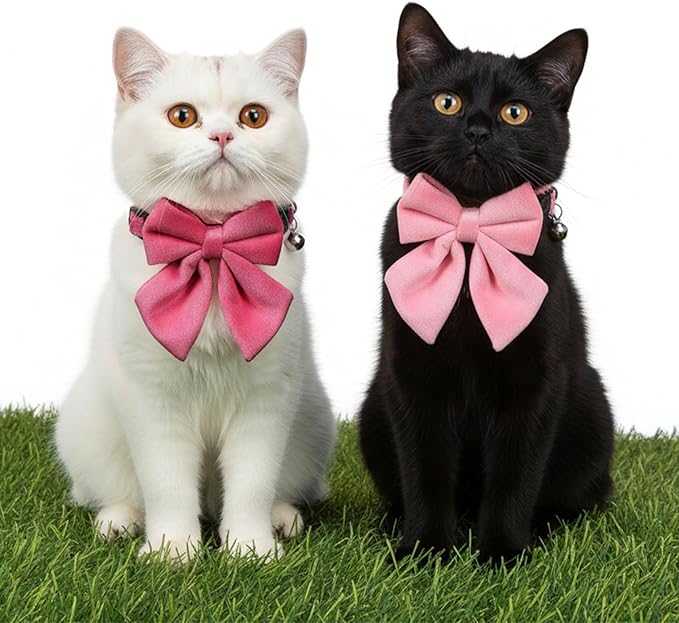 2 Pcs Pink Cat Collar with Bow Bells Breakaway Cat Bowtie Collar with Bell Safety Buckle Cats Collars for Girl Cats Adjustable Soft Cute Kitten Collars for Kitten