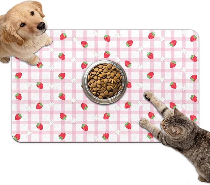 Dog Food Mat for Bowls, Absorbent Quick Dry Dog Cat Mats for Food and Water, Non-Slip Backing Pet Mat Pet Supplies - Strawberry Pattern