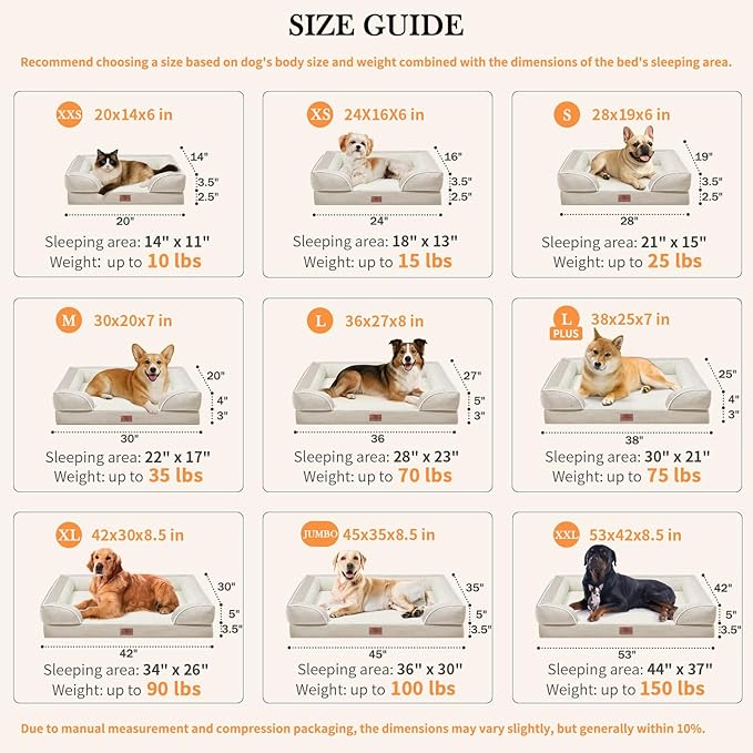 Comfort Expression Orthopedic Dog Bed for Large Dogs 38x25 Inch, Waterproof Supportive Egg Crate Foam Large Pet Bed with Removable Bolsters, Dog Couch with Washable Cover & Non-Slip Bottom, Beige