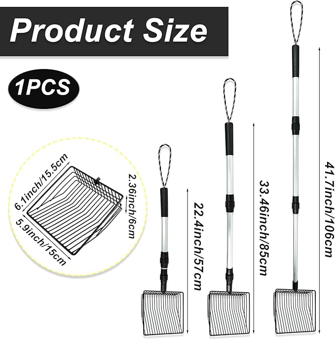 Chicken Poop Scooper 3 in 1 Adjustable Long Handle Litter Metal Scoop Heavy Duty Metal Chicken Poop Scooper Litter Sieving Shovel, Chicken Coop Accessories (22-41.7")
