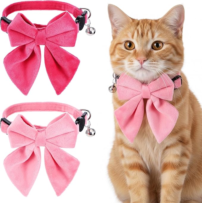 2 Pcs Pink Cat Collar with Bow Bells Breakaway Cat Bowtie Collar with Bell Safety Buckle Cats Collars for Girl Cats Adjustable Soft Cute Kitten Collars for Kitten