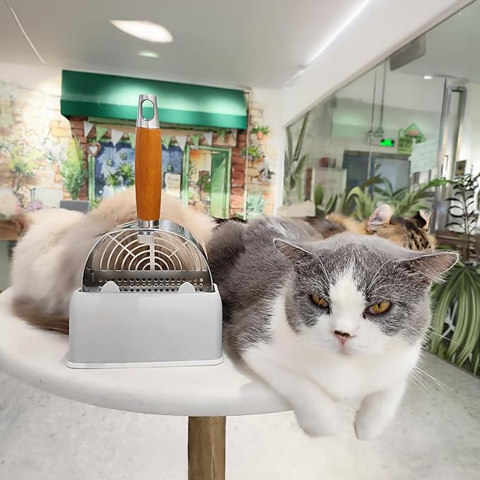 Stainless Steel Litter Scoop, Kitty Litter Scooper, Metal Cat Litter Scoop, Kitten Pooper Lifter, Cat Scooper, Kitty Metal Scooper with Holder for Cat Litter Box Round Holes Easy Cleaning