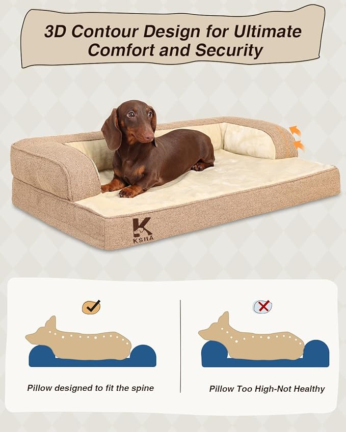 KSIIA Washable Dog Bed Medium Size Senior Dog, Orthopedic Warm Soft Pets Sofa Waterproof Pet Couch with Sides, Non-Slip and Egg-Crate Foam Beds with Removable Cover, 29x18Inch, Brown