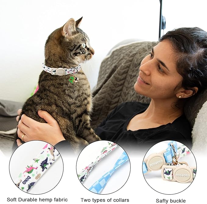 2 Pack Dinosaur Cat Collars Breakaway with Bell, DOGWONG Safety Buckle Bluee Plaid Cute Cat Collar for Girl Boy Cats，Adjustable 7-12 Inch