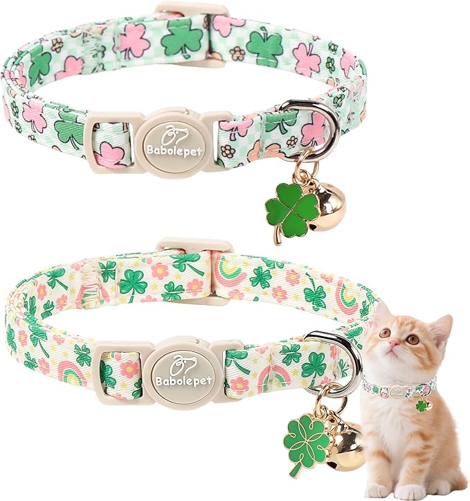 2 Pack St. Patrick’s Day Cat Collars - Breakaway Cat Collar with Bell, Green Lucky Clover Pendant, Adjustable Cute Pastel Rainbow Shamrock Kitten Collars for Boy Girl Cats