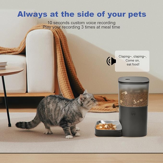 2.4G Automatic Cat Feeder, Cat Food Dispenser with 10s Voice Recorder, Pet Feeder up to 8 Meals per Day, Timed Feeder with Dry Food Sealed Ring (Black, 4L-WiFi)