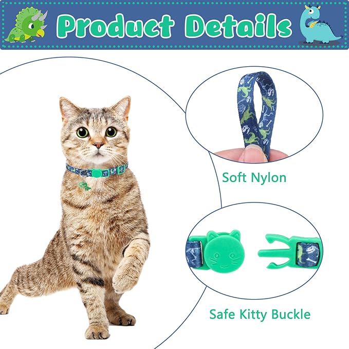 Breakaway Cat Collars with Bell & Cute Pendants, 3 Pack Safety Buckle Kitten Collars, Adjustable Pet Collar Ideal for Girl Boy Cats Puppy (Style A - Dinosaur)