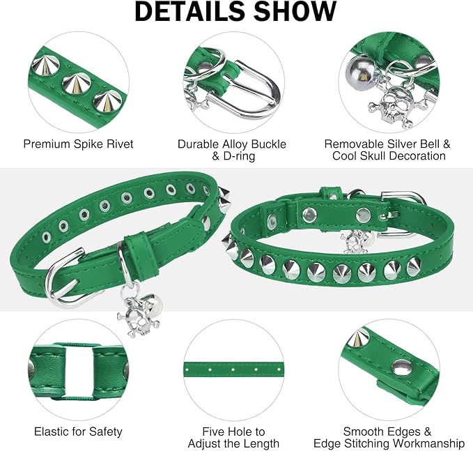 Leather Cat Collars for Boy Girl Cats with Bell and Safety Elastic Belt, Personalized Rivets Stud Adjustable Safe Buckle Collar with Skull Charm for Kitty Small Pets, Green