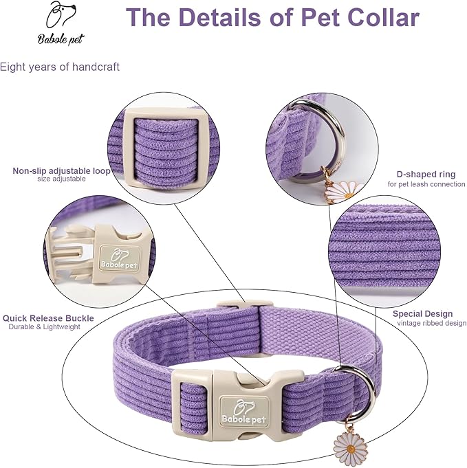 Cute Corduroy Dog Collar - Lavender Adjustable Dog Collars for X-Large Dogs 80+lbs, Fade-Proof with Secure Snap & Little Charm, Christmas Birthday Gift, XL