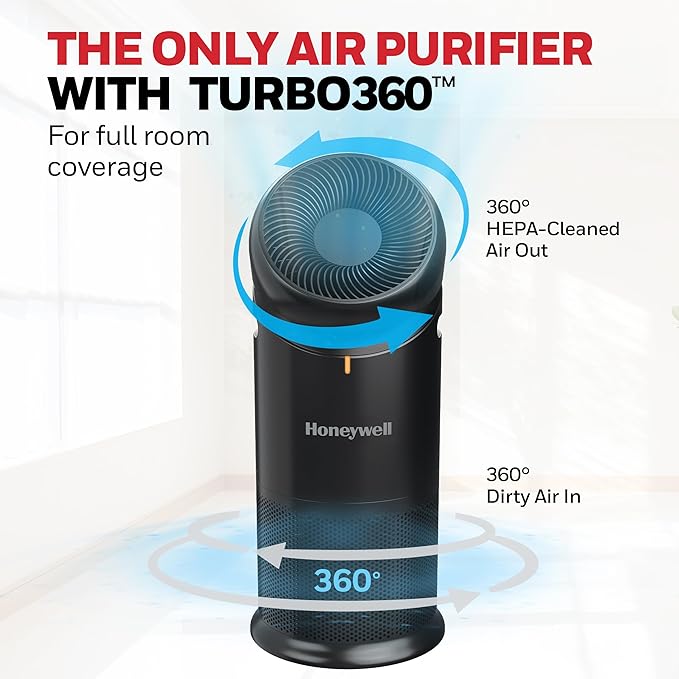 Honeywell Allergen Plus™ 3-in-1 HEPA Air Purifier, Fan & Air Circulator, 1928 Ft² Rooms in 1 hour, Air Quality Sensor, Sleep Mode, Reduces Allergens, Pet Dander, and Odors, Black, HPA6000B