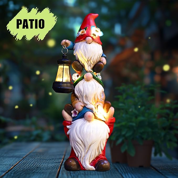 Garden Gnome Statue with Solar Lights Garden Sculptures Funny Triple Gnome Outdoor Patio Lawn Yard Balcony Home Decor Birthday Gift for Woman Grandma 12 in Spring Gnomes