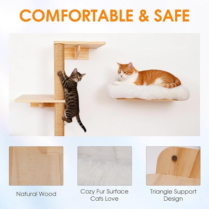 6in1 Cat Wall Shelves Climbing Systems, Large Cat Furniture Shelf Set Wall Hanging Mounted, Hammock Sisal Scratching Perch Bed 2 Steps Tower Tree for Indoor House Corner Ladder